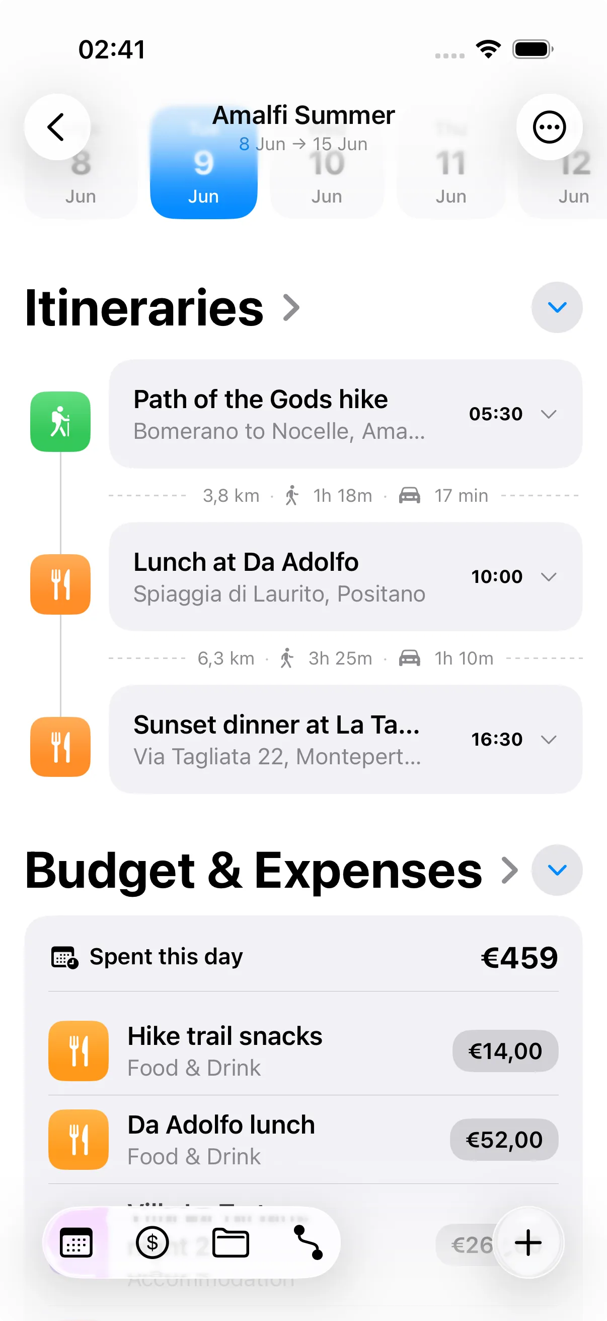 AllWays trip plan — calendar, itinerary and budget in one view