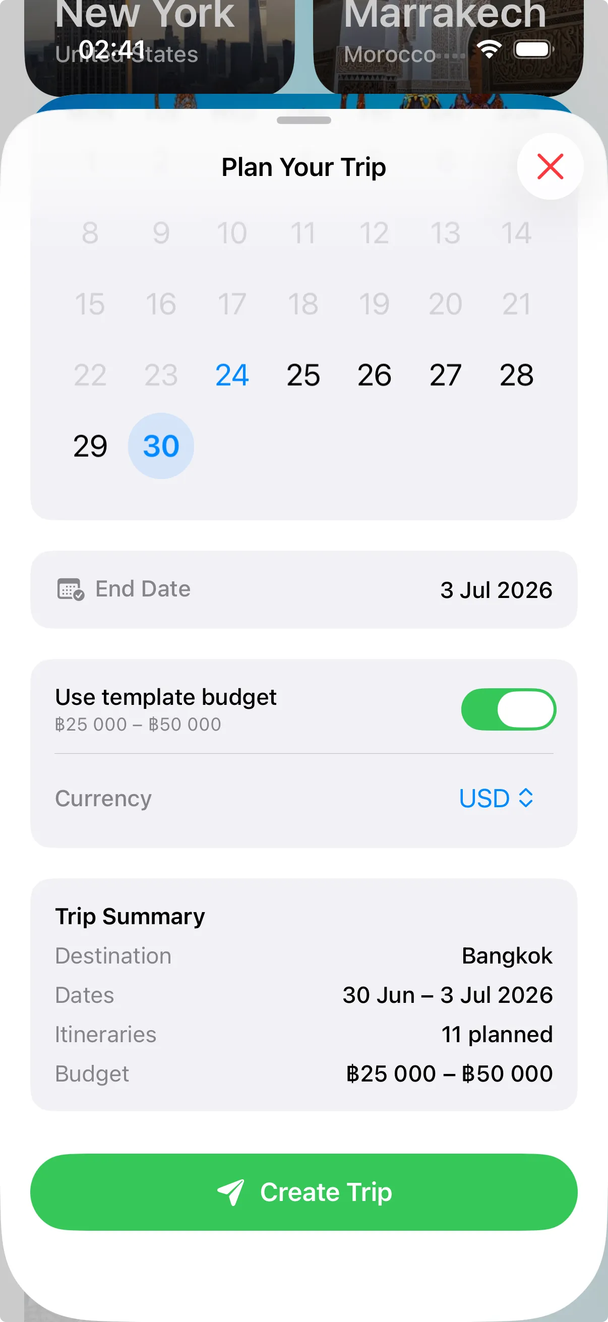 AllWays plan-your-trip sheet with dates, budget and trip summary