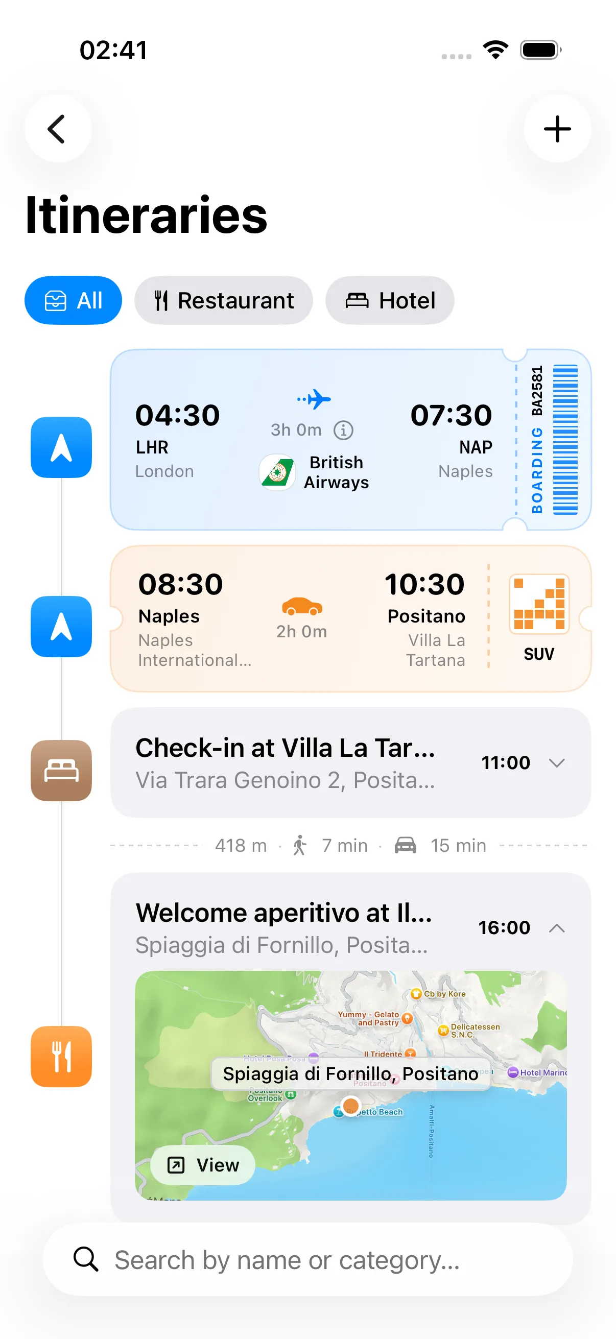AllWays journeys timeline with flight and transfer tickets